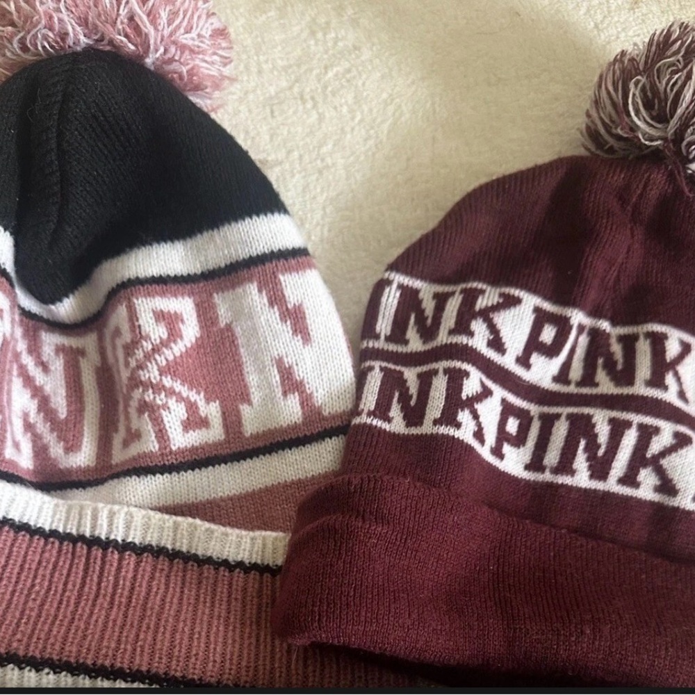 PINK VICTORIA'S SECRET HAT  set.2.  Maroon pom  Cap warm winter Hat